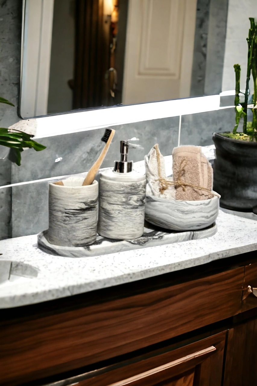 4'lü Banyo Seti Sıvı Sabunluk Diş Fırçalığı Beton Aksesuar Takım Gri