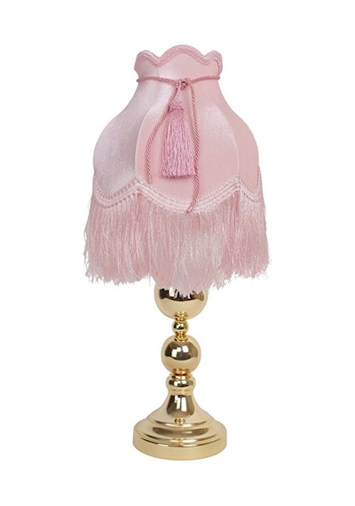 Pudra Pembe Kadife Kaplı Püsküllü Başlık Gold Metal Ayaklı Prenses Model Abajur 60x28cm