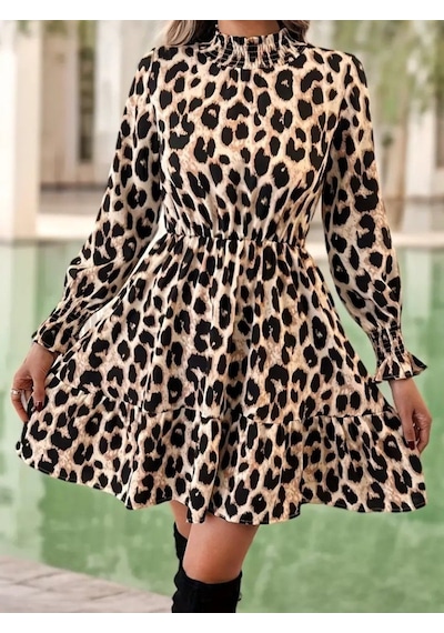 De'charme Kadın Uzun Kollu Yarı Balıkçı Yaka Leopar Desenli Modal Mini Elbise