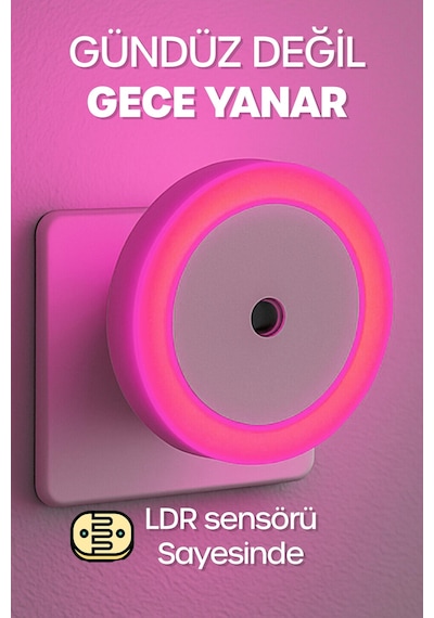 Yuvarlak Otomatik Gece Lambası Işığa Duyarlı Karanlık Ldr Sensörlü Koridor Pembe Gc01 Pembe