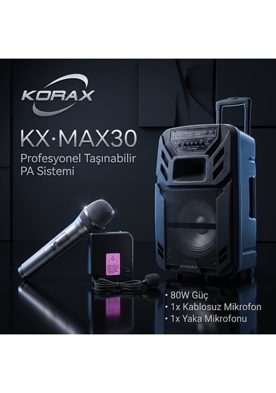 Korax Kx-max30 Plus Taşınabilir Bluetooth Hoparlör - 80w Telsiz El + Kablosuz Yaka Mikrofonlu Karaoke & Pa Sistemi, Tekerlekli