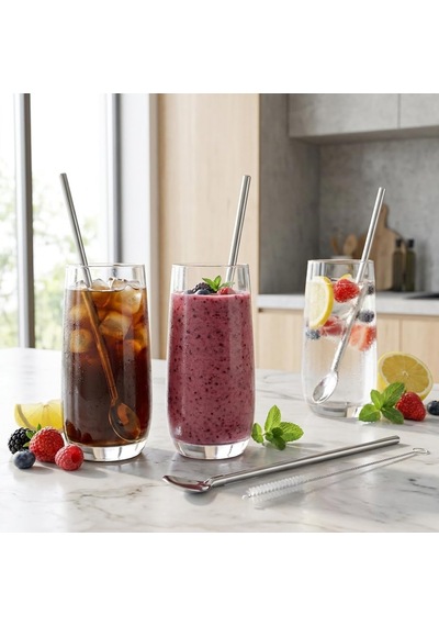 5 Parça Karıştırıcı Kaşıklı Paslanmaz Çelik Pipet Seti, 4 Adet Kaşıklı Metal Pipet Ve Temizleme Fırçası, Soğuk Kahve, Smoothie, Milkshake, Limonata, Kokteyl Ve İçecek Sunumu İçin