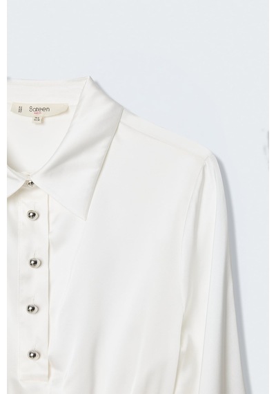 Sateen Düğme Detaylı Saten Bluz - Ekru-137516