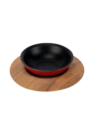 Lava Döküm Yuvarlak Çorba Kasesi Ve Kayın Servis Ahşabı. Çap Ø 14cm. Bordo