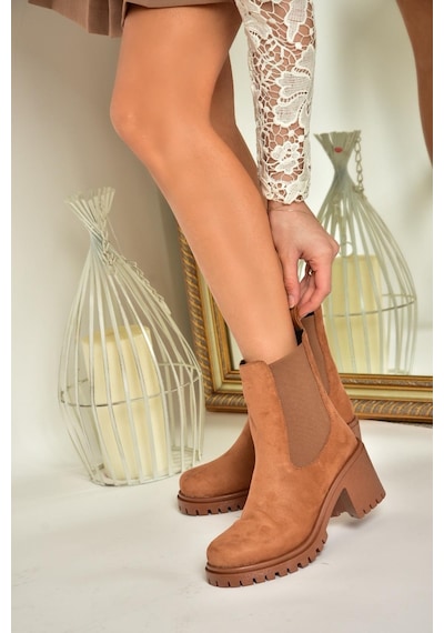 Fox Shoes T726981602 Taba Süet Lastikli Kalın Topuklu Kadın Bot Taba-Süet Taba