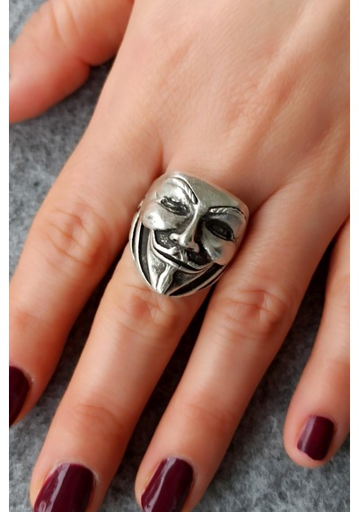 Antik Gümüş Kaplama V For Vendetta Şekilli El Yapımı  Ayarlanabili Gümüş
