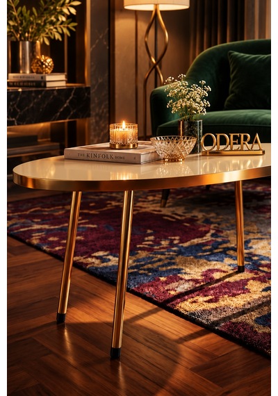 Odera Elips Orta Sehpa 90x50 Cm Metal Ayaklı Modern Retro Salon Sehpası Altın - Krem Odera Elips Orta Sehpa 90x50 Cm Metal Ayaklı Modern Retro Salon Sehpası Altın - Krem
