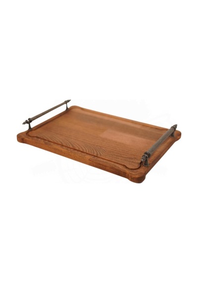 Ceviz Doğal Ahşap Zamak Kulplu Dikdörtgen Tepsi 40cm