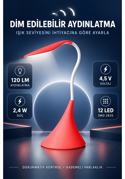 Dokunmatik Led Masa Lambası Dimmerli Esnek Akrobatik Kitap Okuma Ders Çalışma Pilli & Usb Kablolu Kullanım Pembe