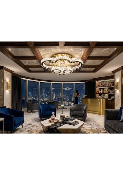 6 Halkalı Modern Kristal Led Plafonyer Avize Altın - Gold