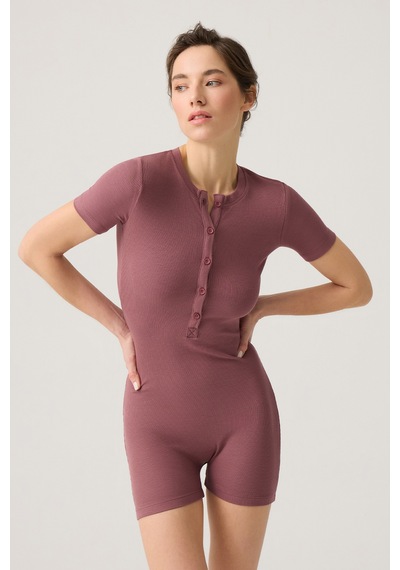 Los Ojos Bordo Fitilli Kısa Kollu Kısa Tulum Short Romper Bordo Bordo