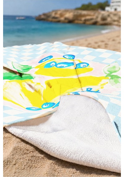Limon Meyve Temalı Ekose Plaj Havlusu - Akdeniz Modern Mavi Pembe Hızlı Kuruyan Mikrofiber Havlu Uçuk Rüyası