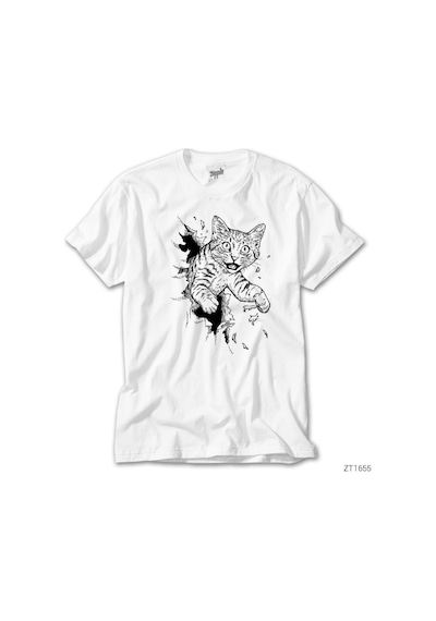 Kedi Cat Busting Beyaz Tişört Beyaz
