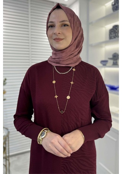 Rabia Şamlı Zebra Desen Triko Elbise Bordo Normal