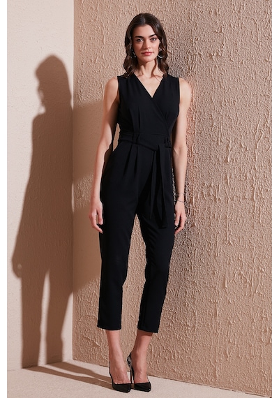 Lela Slim Fit Düz Paça Kruvaze Yaka Kemerli Bayan Tulum 6783626 Siyah