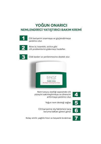 Sinoz Pure Cica Tahriş Olmuş Hasarlı Ciltlere Özel Bakım Kremi 50 ML