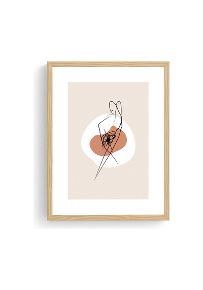 Doğal Ahşap Çerçeveli Minimalist Çizim Tablo - Soyut Huhu1270
