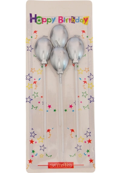 Mum Balon Şekilli Gümüş Metalik Renkli 4 Lü Çubuk Dahil 14,5cm Doğum Günü Mumları 9+