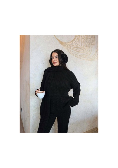 Meecy Kadın Triko Pantolon Takım Oversize Saç Örgülü Siyah Siyah