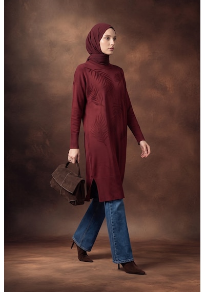 Armine Trend Yaprak Desenli Bisiklet Yaka Uzun Kollu Fitilli Detaylı Tunik Bordo 26ktd408
