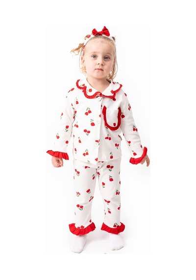 Bebegen Kız Çocuk Ekru Kırmızı Lale Desenli Fırfırlı Bandanalı Pijama Takımı Çok Renkli