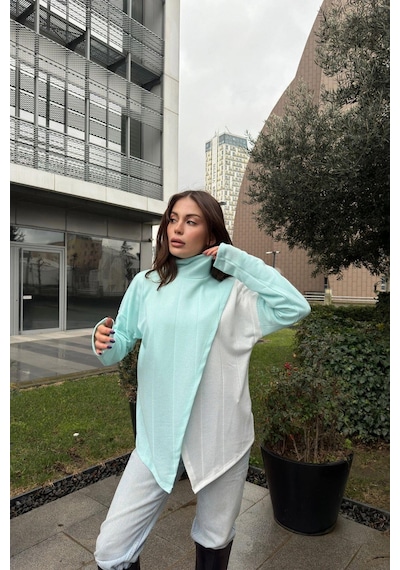 WeShaya Kadın Mint Asimetrik Kesim, Önü İki Parçalı, İnce Triko Kumaş, Salaş Bluz Kazak Mint