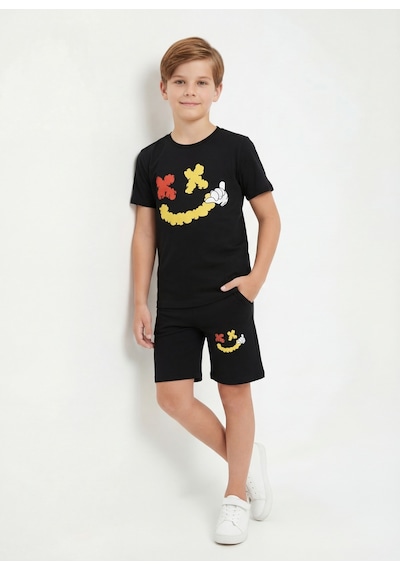 Fyk Kids Yuvarlak Yakalı Yazlık Emoji Baskı Detaylı Kaprili Erkek Çocuk Alt Üst Takım Siyah