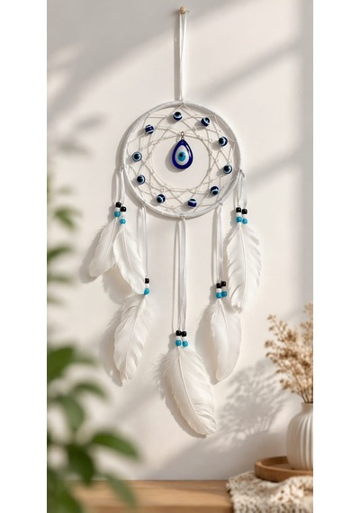 Motifli Düş Kapanı Rüya Kapanı Dream Catcher Beyaz Tüylü Bohem Duvar Süsü Bohem El Yapımı Nazar Boncuklu Düş Kapanı