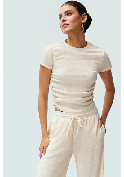 Ersefa Polyester Karışımlı Bluz Crop Boy Fitted Kalıp Kısa Kol Seçkin Ma Taş