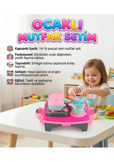 Ocaklı Mutfak Setim - 10+ Parça Tencere Tava Ve Çay Seti - Eğitici Evcilik Oyuncakları