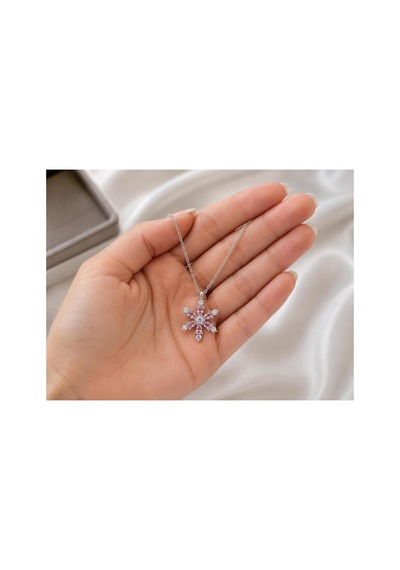 Pembe Taşlı Kar Tanesi Kolye Gümüş Renk Zirkon Taşlı Zarif Kadın Kolyesi Gümüş - 889102339 Gümüş