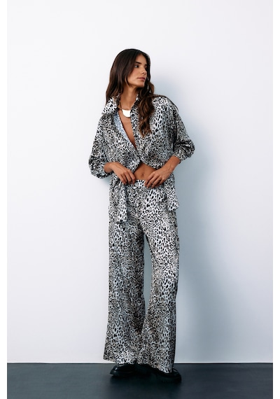 Sateen Yüksek Bel Saten Leopar Pantolon - Ekru-135186 Ekru