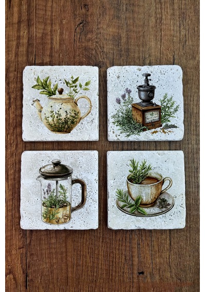 Doğal Taş Bardak Altlığı -kahve & Çay Temalı 10x10cm Stone Coasters Çok Renkli