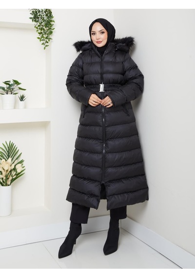 Hb Harma Time Butik Kadın Bel Kemerli Kapüşonlu Uzun Şişme Siyah Mont