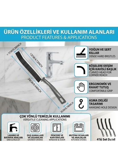 4 Adet Dar Alan Temizleme Fırçası Seti - Kavisli Derz Ve Boşluk Fırçası - Mutfak, Banyo Ve Pencere Rayları İçin Sert Kıllı Fırça