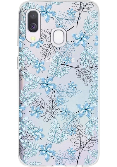 Samsung Galaxy A40 Uyumlu Kapak Floral Mavi Tasarımlı Şeffaf Silikon Kılıf