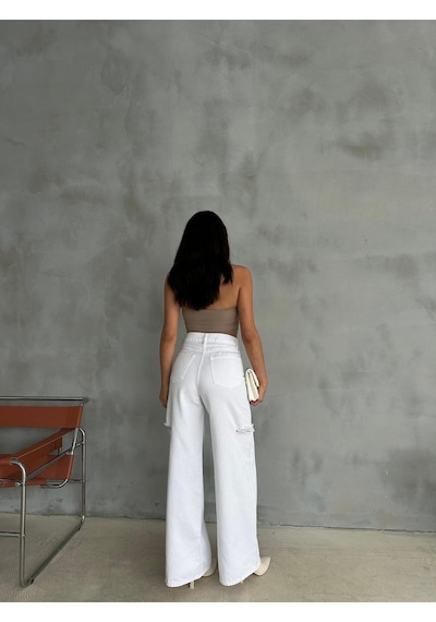 Zeo Basic Beyaz Baggy Pantolon Denim Kumaş Yanlardan Lazerli Beyaz