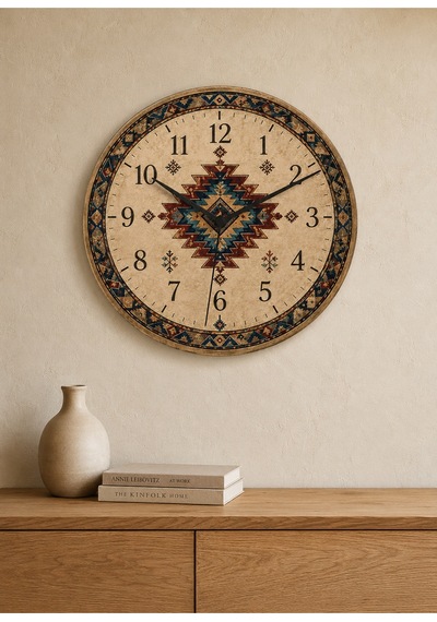 AA Shop Anadolu Motifli Baskılı Duvar Saati Etnik Kilim Desenli Sessiz Dekoratif Baskılı Ahşap Saat 803 Çoklu Renkli