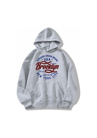 Unisex Oversize Brooklyn Baskılı Kapüşonlu Gri Sweatshirt. Gri