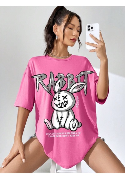 Noıssey Karikatür Ve Grafik Tasarım Oversize T-shirt Cartoon/letter Serisi Kod35 Pembe