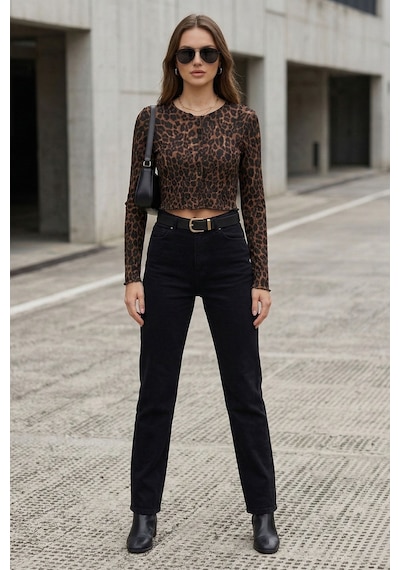 Kadın Leopar Desenli Crop Bluz Düğmeli Uzun Kollu Fit Yumuşak Dokulu Bluz - Kadın Bluz Leopar