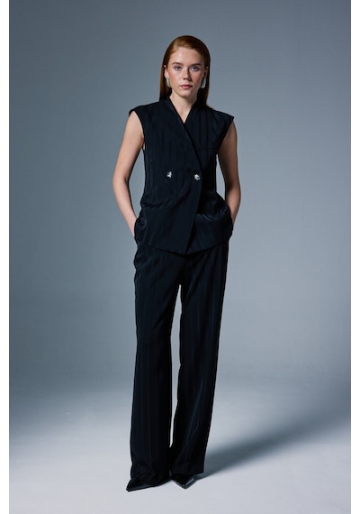 Sateen Anna Çizgili Pantolon - Siyah-137090 siyah