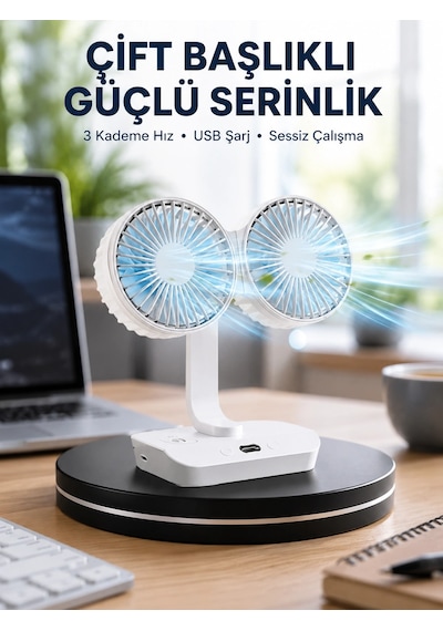 Mey İthalat Sessiz Çalışan Usb Şarjlı Çift Kafalı Masaüstü Fan - Ev Ve Ofis İçin