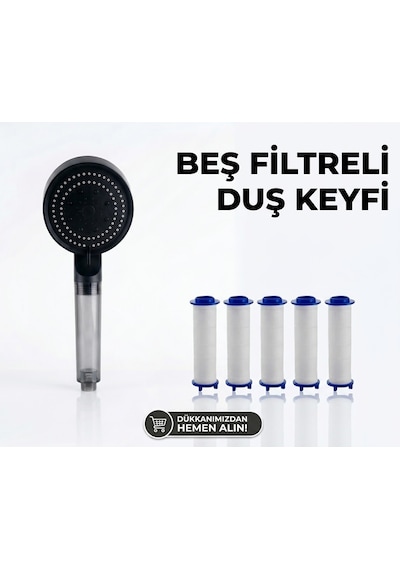 5 Fonksiyonlu Arıtmalı Duş Başlığı Seti - 5 Adet Yedek Filtre Kartuşlu Kireç Ve Tortu Önleyici Spa Duş Seti Füme - Siyah