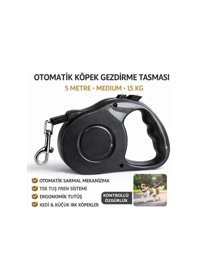 Karamel Otomatik Köpek Gezdirme Tasması Medium 5 Metre 15 Kg Siyah Çok Renkli