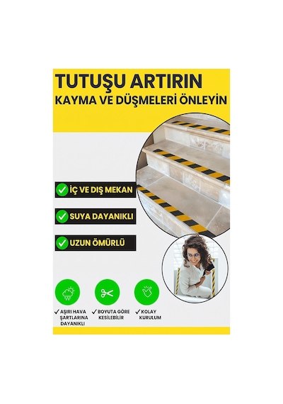 Merdiven Kaydırmaz Bant Sarı Siyah 25mm 1 Adet Mas Güvenlik Uyarı Bandı 5 Metre 2.5 Cm Yapışkanlı Basamak Mermer Beton