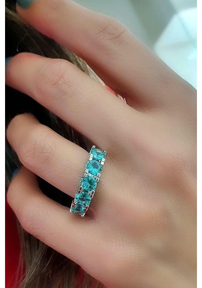 Sky Diamond Blue Aquamarin Taşlı 925 Ayar Gümüş Beş Taş Yüzük Altın - Gümüş
