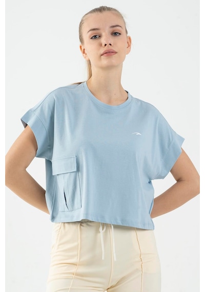 Maraton Sportswear Comfort Kadın Bisiklet Yaka Kısa Kol Basic Sisli Mavi Crop Top 20856 Mavi