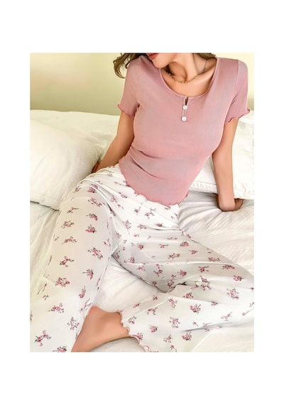 Ruselin Kadın Çiçekli Desen Yumuşak Pamuklu Uzun Pijama Takımı-ekru-s/m - 9001870414400