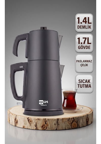 Teadem Xl Elektrikli Çay Makinesi Çaycı 2000w 1.7l Kettle 1.4l Xl Demlik 304 Paslanmaz Çelik Siyah